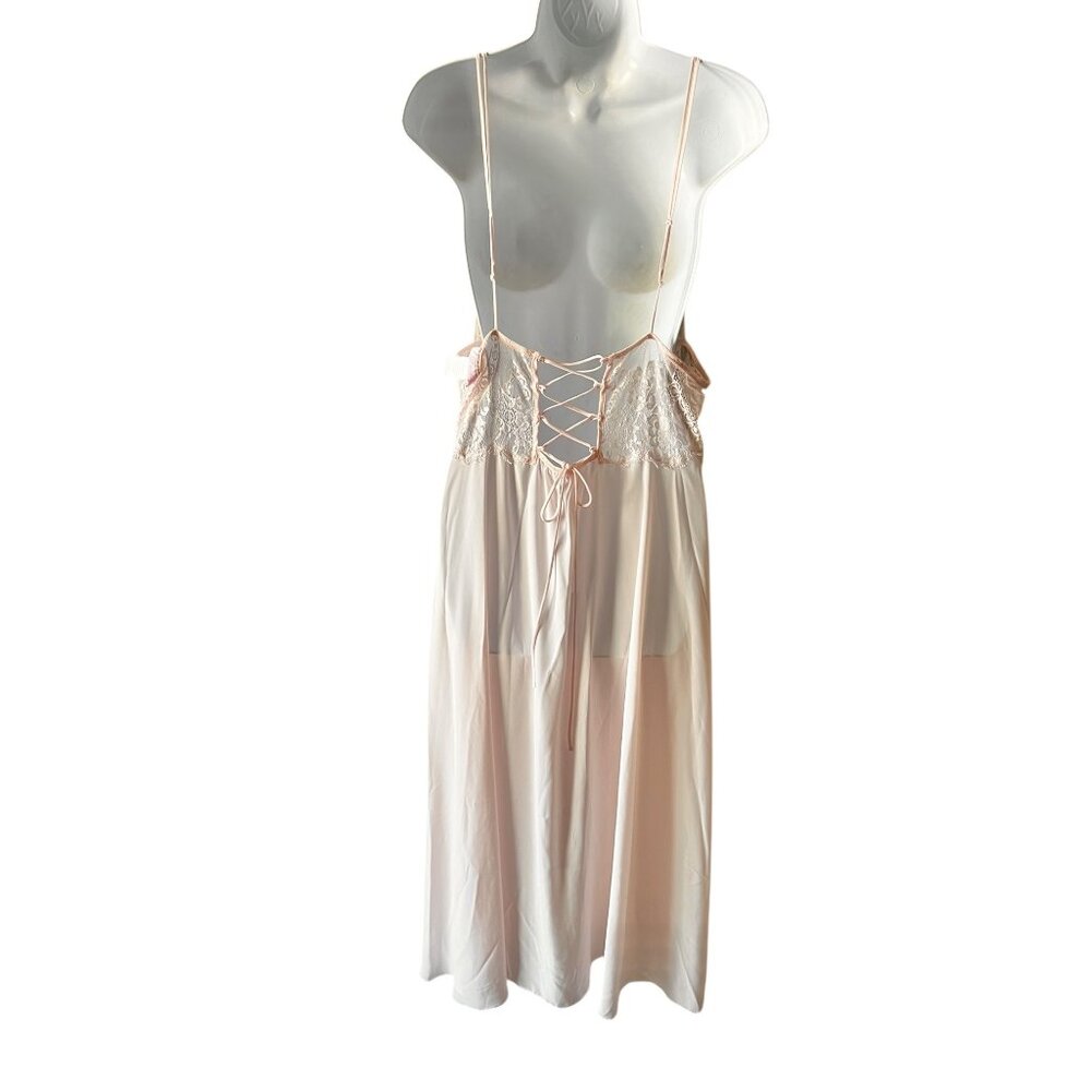 Dentelle Pink Blush Nightgown & Robe Set Cassandra Size XL VTG lace Up Back - Picture 6 of 16